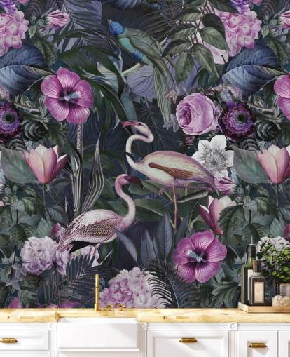 papel pintado de flamenco floral morado oscuro, azul y verde