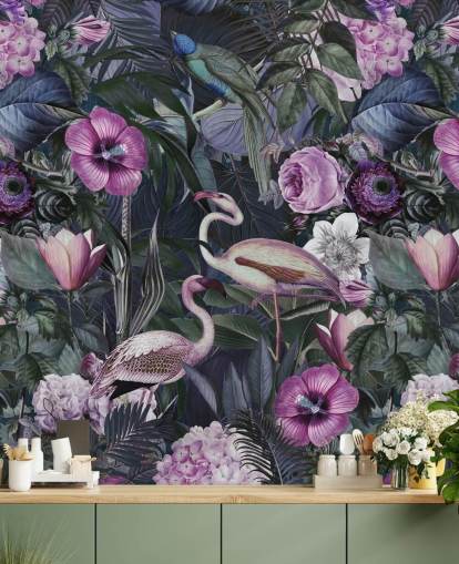 donkerpaars, blauw en groen bloemen flamingo-behang