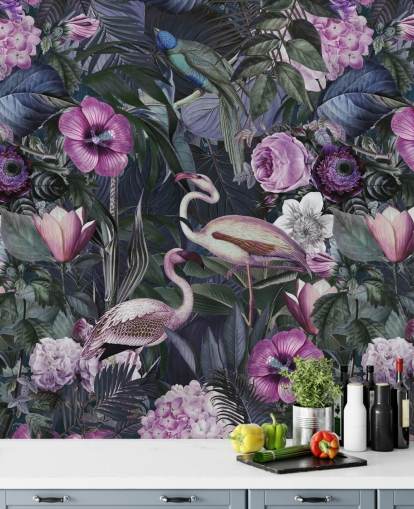 donkerpaars, blauw en groen bloemen flamingo-behang