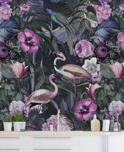 papel pintado de flamenco floral morado oscuro, azul y verde papel pintado de flamenco floral morado oscuro, azul y verde