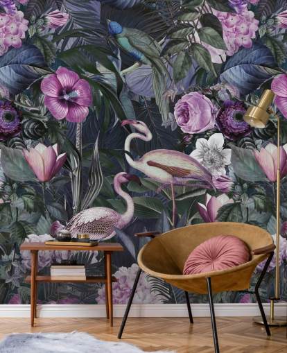 papier peint flamant rose violet foncé, bleu et vert