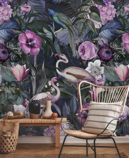 mörklila, blå och grön blommig flamingo tapet mörklila, blå och grön blommig flamingo tapet