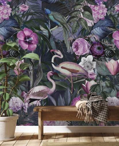 dunkelviolette, blaue und grüne florale Flamingo-Tapete