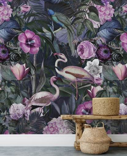 carta da parati con fenicotteri floreali viola scuro, blu e verde