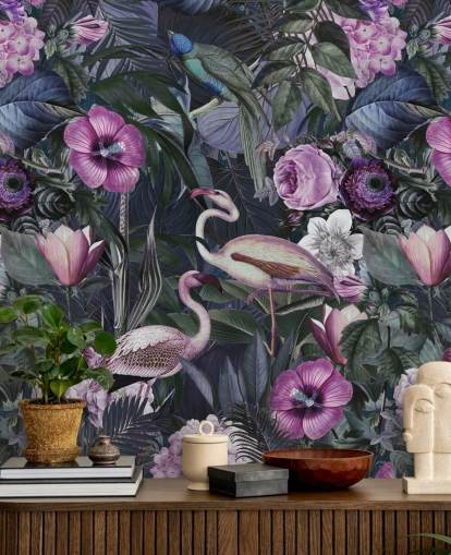 papier peint flamant rose violet foncé, bleu et vert