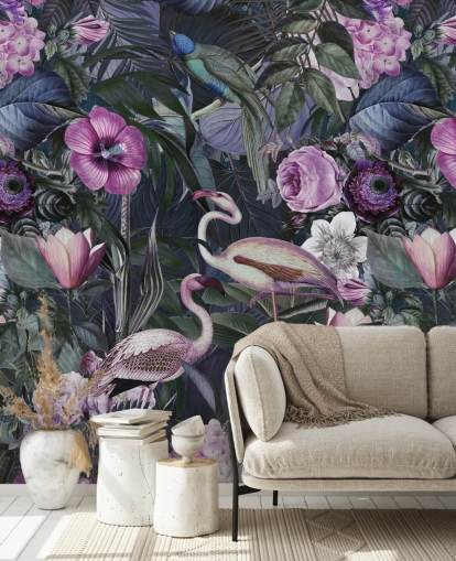 papel pintado de flamenco floral morado oscuro, azul y verde