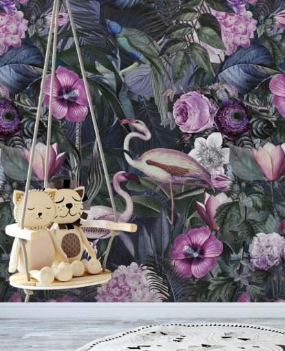 dark purple, blue and green floral flamingo wallpaper