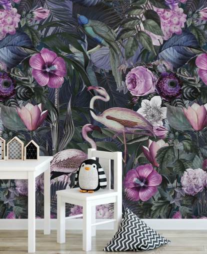 papier peint flamant rose violet foncé, bleu et vert