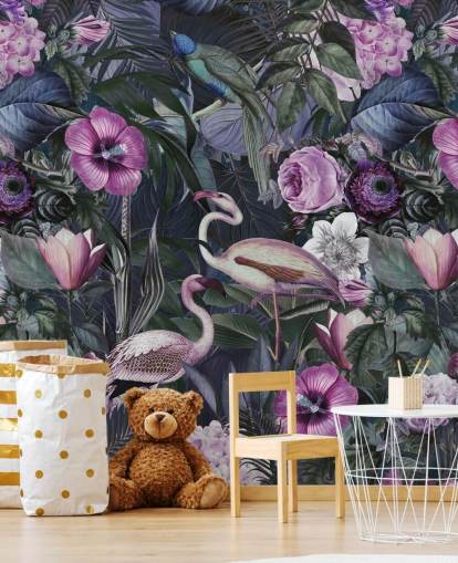 dark purple, blue and green floral flamingo wallpaper