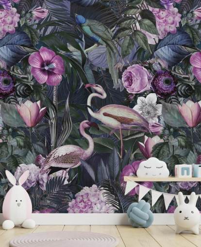 tumma violetti, sininen ja vihreä kukka flamingo tapetti