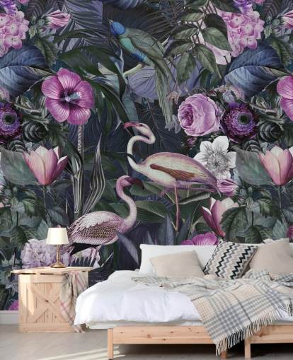 dark purple, blue and green floral flamingo wallpaper