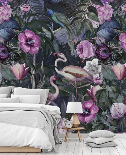 tumma violetti, sininen ja vihreä kukka flamingo tapetti