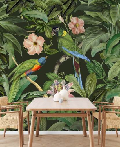 fondo de pantalla de selva tropical y pájaros