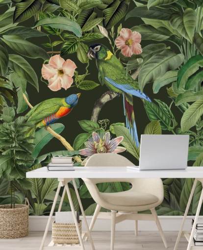 papel de parede tropical selva e pássaros