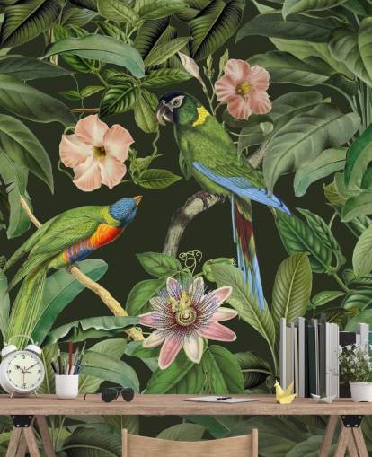 papel de parede tropical selva e pássaros