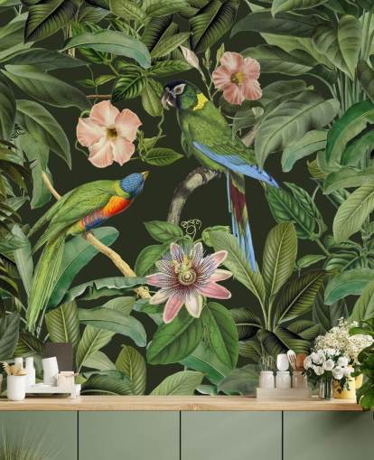 fondo de pantalla de selva tropical y pájaros