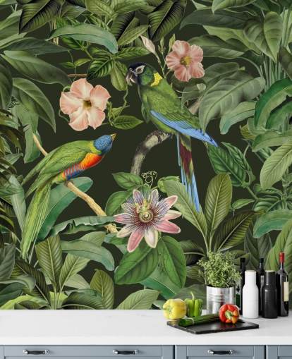 carta da parati giungla tropicale e uccelli