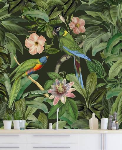 papel de parede tropical selva e pássaros