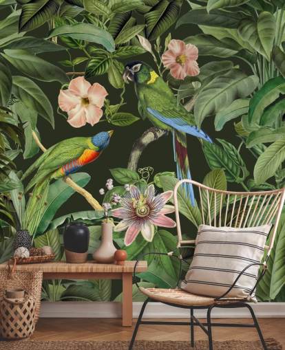 fondo de pantalla de selva tropical y pájaros