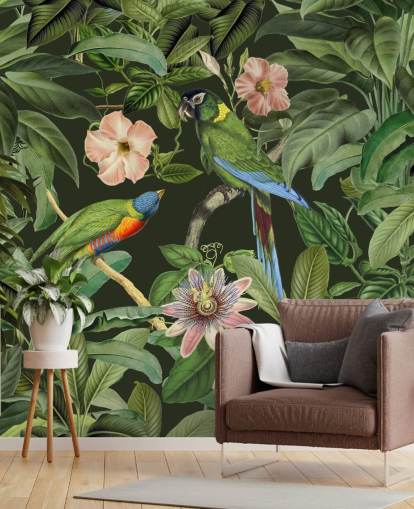 tropisch jungle en vogels behang
