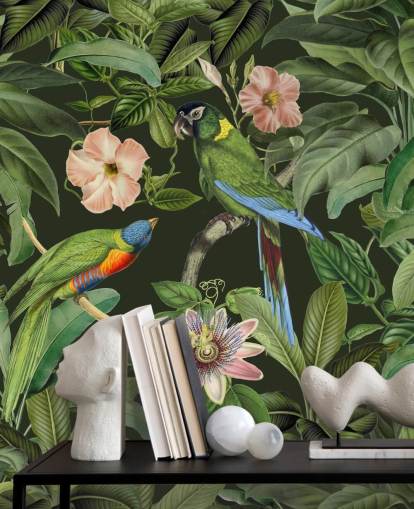 carta da parati giungla tropicale e uccelli