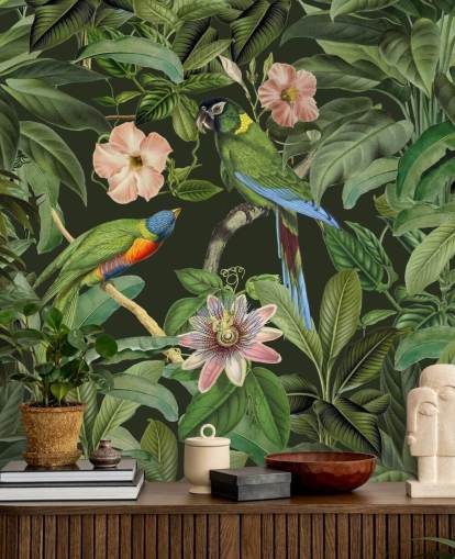 carta da parati giungla tropicale e uccelli