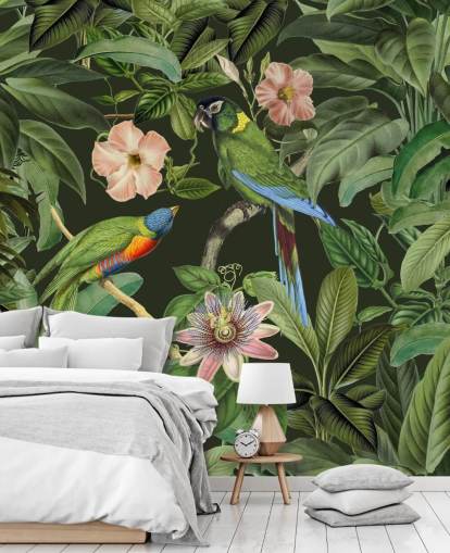papel de parede tropical selva e pássaros