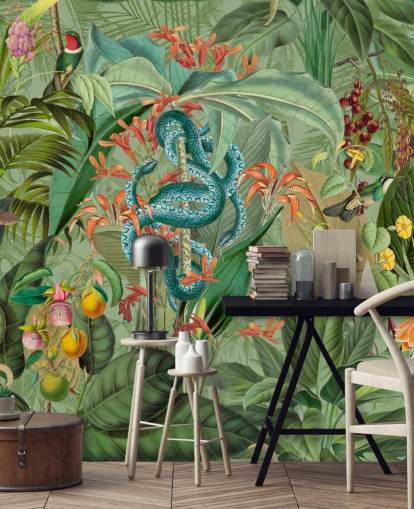 jungle illustratie met slangen behang