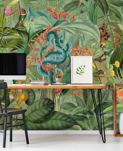 ilustración de selva con papel tapiz de serpientes