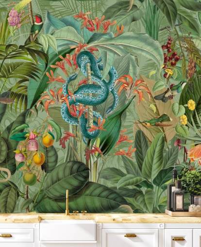 ilustración de selva con papel tapiz de serpientes