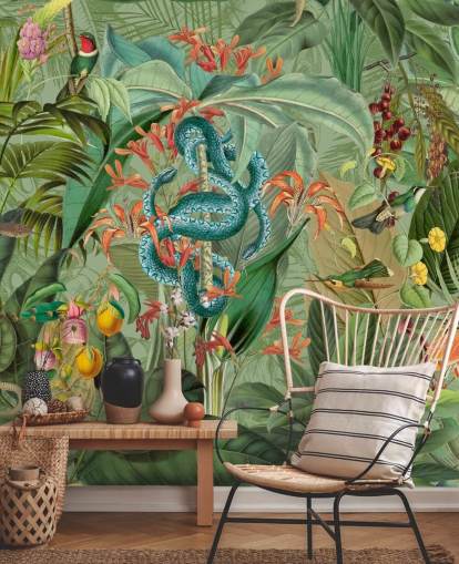 ilustración de selva con papel tapiz de serpientes