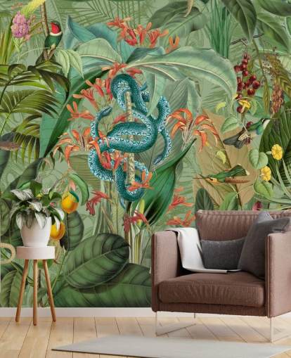 jungle illustratie met slangen behang jungle illustratie met slangen behang