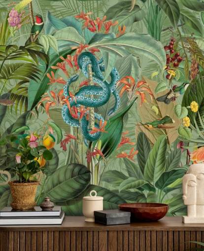ilustración de selva con papel tapiz de serpientes