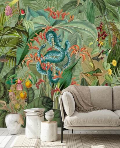 jungle illustratie met slangen behang