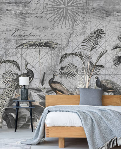 grey illustrated peacocks wallpaper mural called Peacocks Clan 4 by Andrea Haase for bedrooms and living rooms