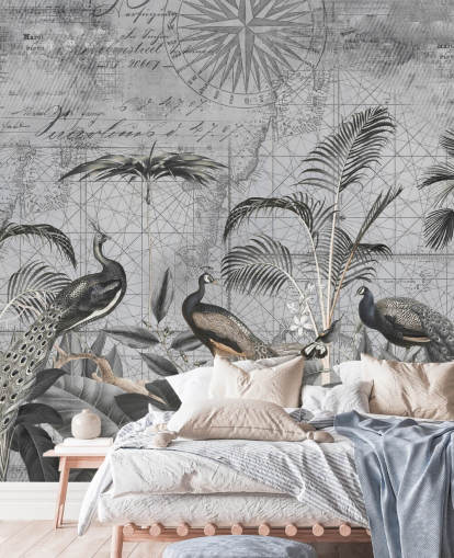 gray illustrated peacocks wallpaper mural called Peacocks Clan 4 by Andrea Haase for bedrooms and living rooms
