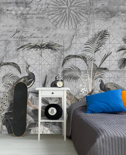 grey illustrated peacocks wallpaper mural called Peacocks Clan 4 by Andrea Haase for bedrooms and living rooms