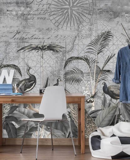 grey illustrated peacocks wallpaper mural called Peacocks Clan 4 by Andrea Haase for bedrooms and living rooms