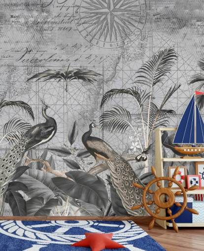 mural de papel de parede de pavões ilustrados em cinza chamado Peacocks Clan 4 de Andrea Haase para quartos e salas de estar