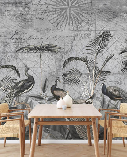 mural gris ilustrado de pavos reales llamado Peacocks Clan 4 de Andrea Haase para dormitorios y salas de estar