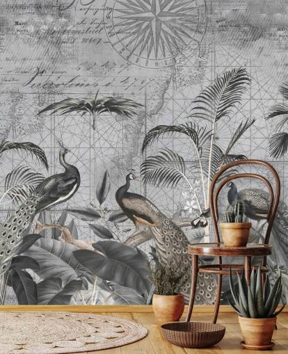 mural de papel de parede de pavões ilustrados em cinza chamado Peacocks Clan 4 de Andrea Haase para quartos e salas de estar