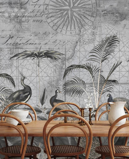 mural de papel de parede de pavões ilustrados em cinza chamado Peacocks Clan 4 de Andrea Haase para quartos e salas de estar