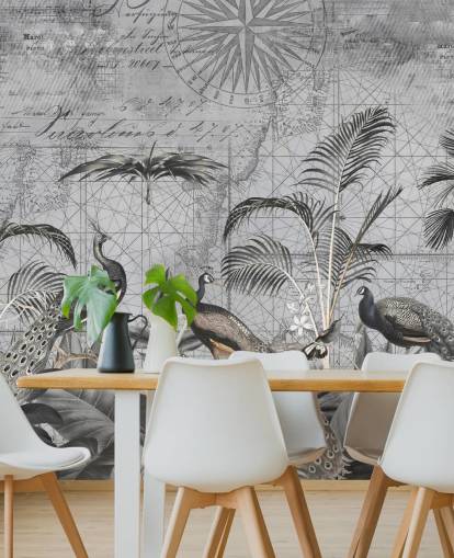 gray illustrated peacocks wallpaper mural called Peacocks Clan 4 by Andrea Haase for bedrooms and living rooms