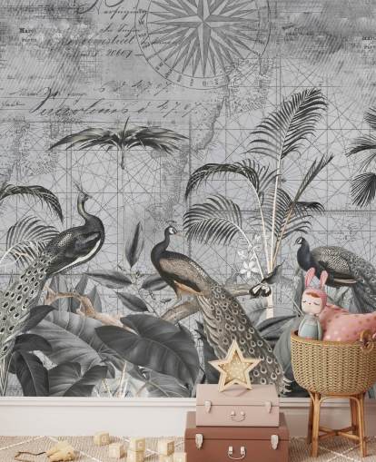 mural de papel de parede de pavões ilustrados em cinza chamado Peacocks Clan 4 de Andrea Haase para quartos e salas de estar