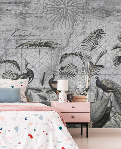 grey illustrated peacocks wallpaper mural called Peacocks Clan 4 by Andrea Haase for bedrooms and living rooms grey illustrated peacocks wallpaper mural called Peacocks Clan 4 by Andrea Haase for bedrooms and living rooms