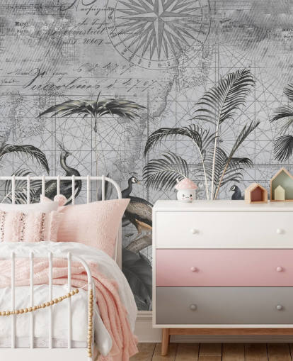 grey illustrated peacocks wallpaper mural called Peacocks Clan 4 by Andrea Haase for bedrooms and living rooms