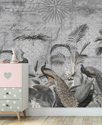 grey illustrated peacocks wallpaper mural called Peacocks Clan 4 by Andrea Haase for bedrooms and living rooms