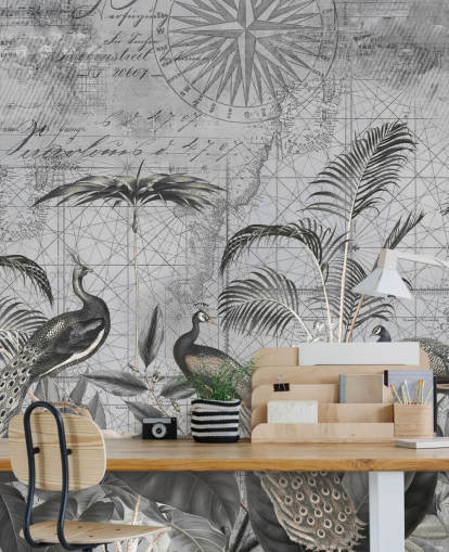 mural gris ilustrado de pavos reales llamado Peacocks Clan 4 de Andrea Haase para dormitorios y salas de estar