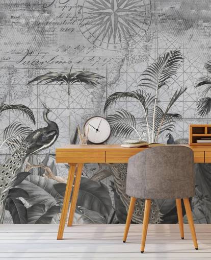 mural gris ilustrado de pavos reales llamado Peacocks Clan 4 de Andrea Haase para dormitorios y salas de estar