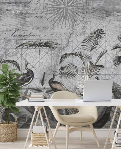 grey illustrated peacocks wallpaper mural called Peacocks Clan 4 by Andrea Haase for bedrooms and living rooms